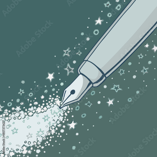 Fountain pen writing with magical stars, isolated on