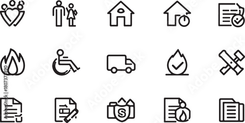 Set of Outline Icons Depicting Insurance Family Home Delivery Fire and Legal Documents house