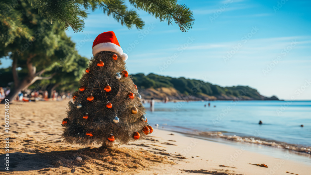 Obraz premium Unique Christmas Tree Celebrates the Holiday on a Sunny Beach With Clear Blue Water and Sunny Skies