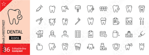 Dental icons set. Includes symbols of teeth, toothbrushes, dental tools, oral hygiene, braces, and dental care. Editable stroke. Vector illustration. Outline icons. Perfect for healthcare, dentistry.