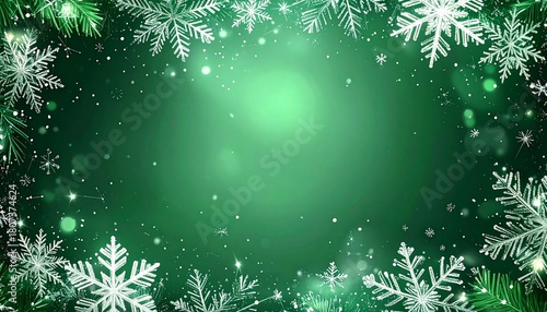 Marco decorativo verde de copos de nieve blancos alrededor de todo el borde, con diferentes tamaños y diseños, creando un efecto helado y festivo. Pequeñas partículas de nieve dispersas por el fondo.	