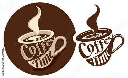 Coffee time logo design. simple lettering coffee cup and smoke chat combination with typography style concept