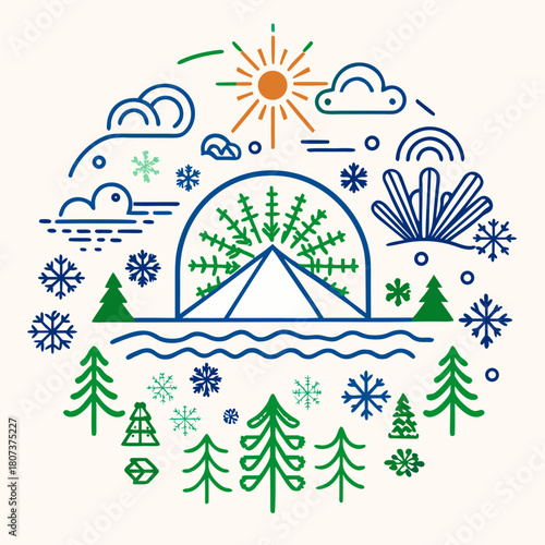 Winter adventure icon with tent, trees, and snowflakes isolated on