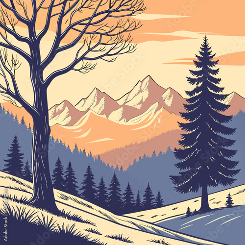 Scenic mountain landscape with trees and snow isolated on
