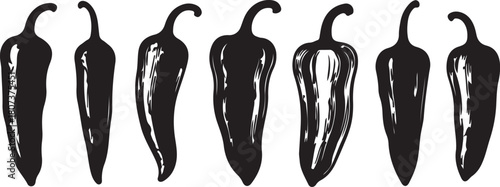 Assortment of Black Chili Pepper Silhouettes on White Background Keywords: chili pepper, hot pepper, spice, food, ingredient, vegetable, produce, organic, cooking, also transparent background