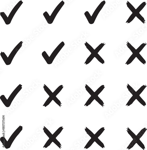 Collection of Hand Drawn Check Marks and Crosses in Black Ink on White Background Keywords: check mark, cross, x, tick, symbol, sign, graphic, illustration, drawing, also transparent background