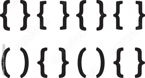 Collection of Black Braces and Parentheses Symbols on White Background Keywords: brace, bracket, curly brace, parenthesis, round bracket, symbol, punctuation, also transparent background