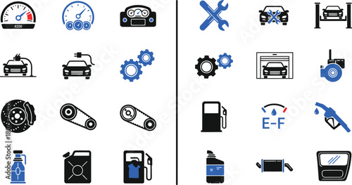 Automotive service and repair icons showcase essential vehicle maintenance and electric car charging, ideal for promoting auto shops and sustainable transport