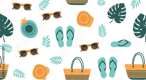Seamless pattern with essential summer beach items including sunglasses flip-flops and monstera leaves.