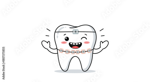 Happy and healthy cartoon tooth character with shiny metal braces smiling and winking.