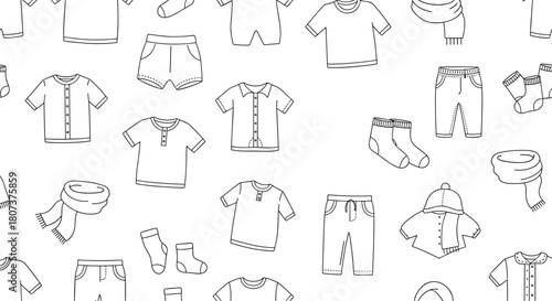 Seamless black and white pattern featuring various outlined clothing items for men women and children.