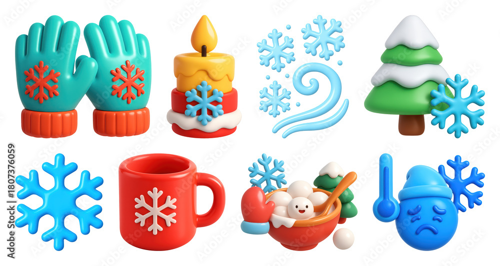 Fototapeta premium PNG Winter-themed 3D icon set, element set on transparent background