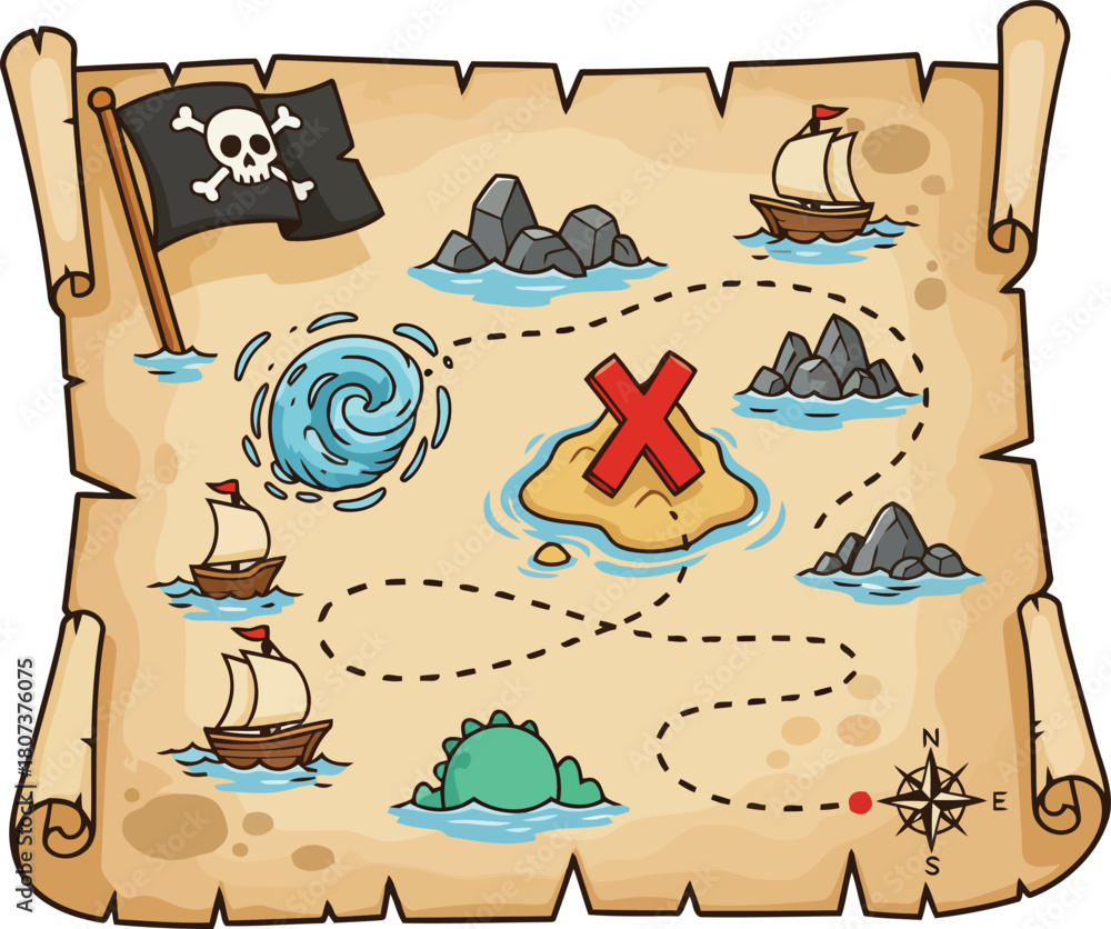 Naklejka premium Detailed Pirate Treasure Map Illustration