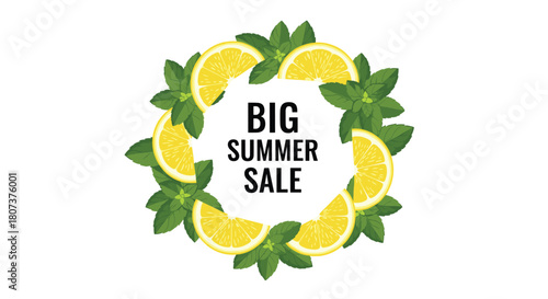 Vibrant "Big Summer Sale" advertisement design featuring fresh lemons mint leaves and bright green accents.