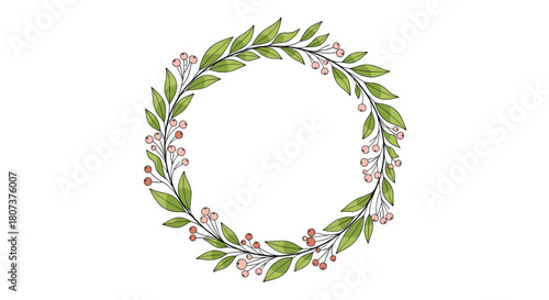 Simple and elegant round wreath made of green leaves and small pink berries on a white background.