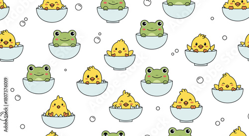 Cute and colorful seamless pattern featuring funny cartoon chicks and green frogs in bowls.