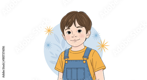 Adorable illustration of a young boy in yellow overalls smiling sweetly in front of plants.
