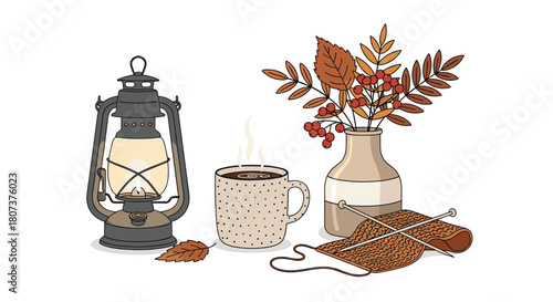Warm and cozy autumn still life with a lantern coffee mug book and colorful fall foliage.