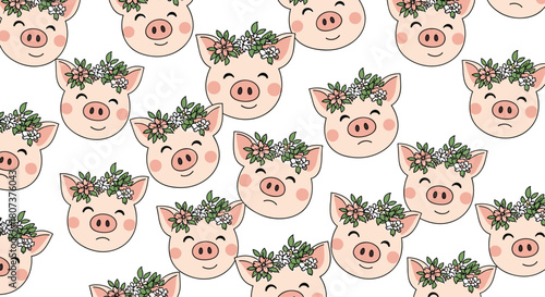 Adorable seamless pattern of cute pig faces with floral wreaths on a clean white background.