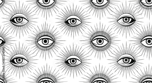 Mystical seamless pattern with all-seeing eyes and radiating lines in a monochrome esoteric design.