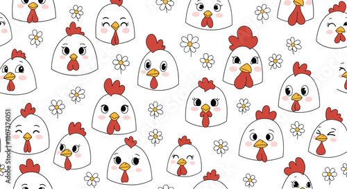 Funny seamless pattern featuring cute cartoon chicken and rooster heads with small daisy flowers.