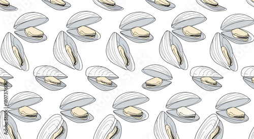 Seamless repeating pattern of open clam shells with pearls inside drawn in a simple style.