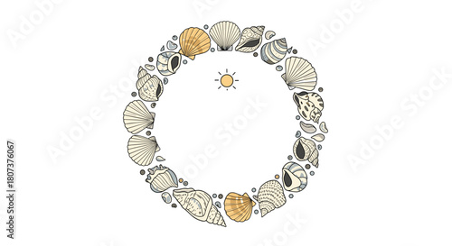 Round summer holiday frame made from a collection of different seashells with a sun symbol.