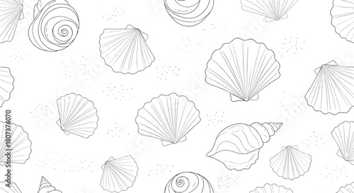 Simple seamless black and white pattern of various hand-drawn seashells on a plain white background.