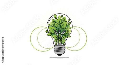 Eco-friendly concept illustration of a lightbulb with a green tree growing inside on a green wire.