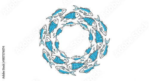 Unique circular frame or wreath design made from a school of blue fish swimming in a circle.