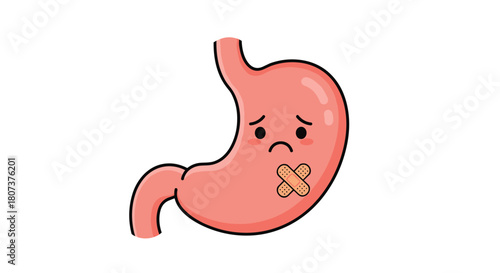 Unhappy cartoon human stomach character with a sad expression and a bandage on it.