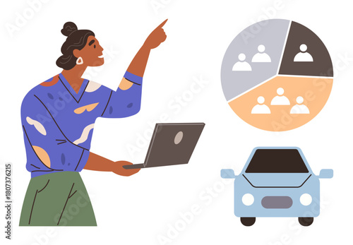 Woman pointing while holding laptop, carpooling concept with pie chart showing grouped people and a car. Ideal for transportation, teamwork, sustainability, car sharing, collaboration, data analysis