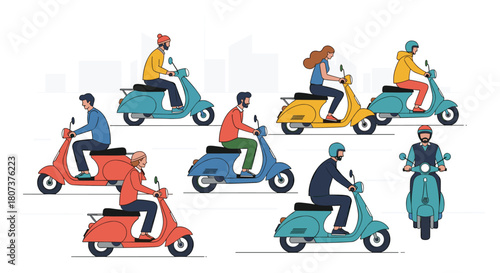 Group of young men and women riding colorful scooters through the city on a sunny day.