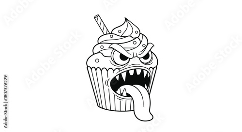 Terrifying monster cupcake with a scary face sharp teeth and a long tongue in a monochrome style.