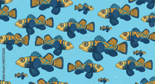 Seamless pattern of stylized blue and yellow fish swimming together in a dense school.