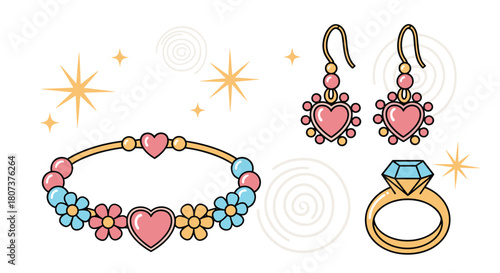 Colorful collection of beautiful precious jewelry including a bracelet earrings and a diamond ring.