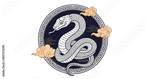 Traditional Chinese or Japanese illustration of a powerful snake inside a decorative round frame.
