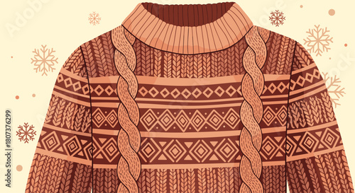 Cozy and warm brown knitted winter sweater with a turtleneck on a light snowy background.