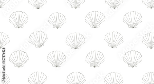 Simple and elegant seamless pattern of outlined seashells on a white background with gray dots.