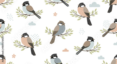 Sweet and gentle seamless pattern featuring small cute birds sitting on leafy tree branches.