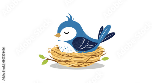 A bluebird is shown sleeping in a nest representing a state of peace and tranquility.