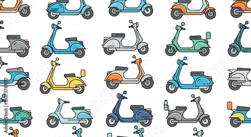 A colorful array of motor scooters forms a lively pattern symbolizing vibrant city transport and mobility.