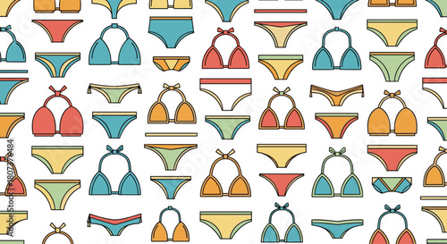 A vibrant pattern of colorful bikinis evokes the spirit of summer beach outings and vacation fun.