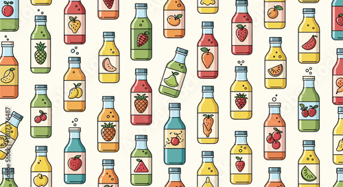 Colorful seamless pattern of glass bottles filled with various fresh fruit juices and smoothies.