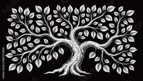 Stylized Tree of Life Illustration in White on Black Background Symbolizing Growth and Strength