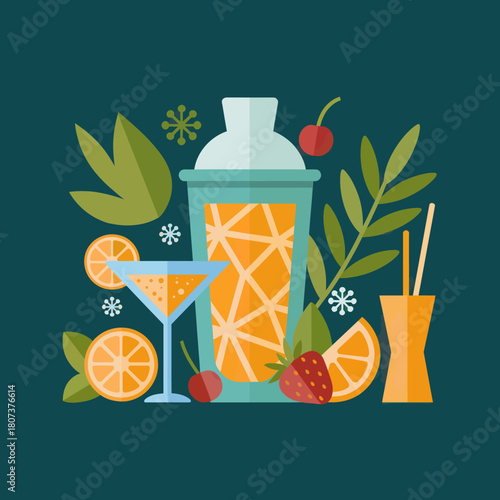 Vibrant Cocktail Illustration with Shaker Glass and Fresh Fruit Garnishes in a Modern Design
