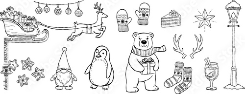 Hand drawn Christmas elements with sleigh, reindeer, polar bear, gnome, penguin, mittens and festive treats. Cozy winter holiday sketch illustration