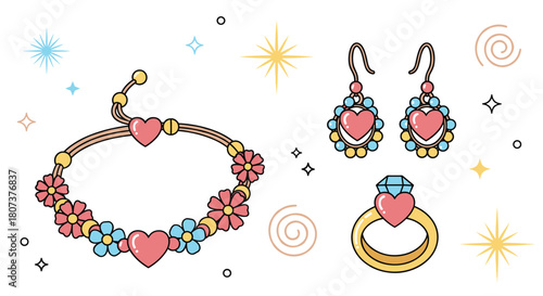 A cute cartoonish jewelry set includes a heart-beaded bracelet a ring and gem-studded earrings.