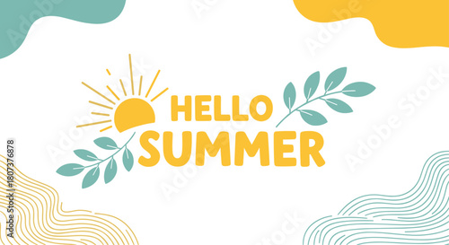 The words "Hello Summer" appear over a rising sun and stylized waves embodying a summer morning's spirit.