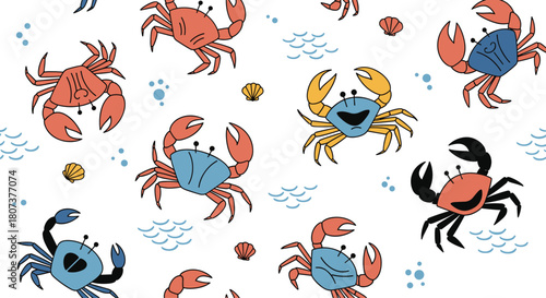 A cute seamless pattern of red and blue crabs with bubbles on a white background creates a fun nautical theme.